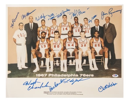 1967 NBA Champion Philadelphia 76ers Team Signed 16x20 Photo with 12 Signatures Including Wilt Chamberlain